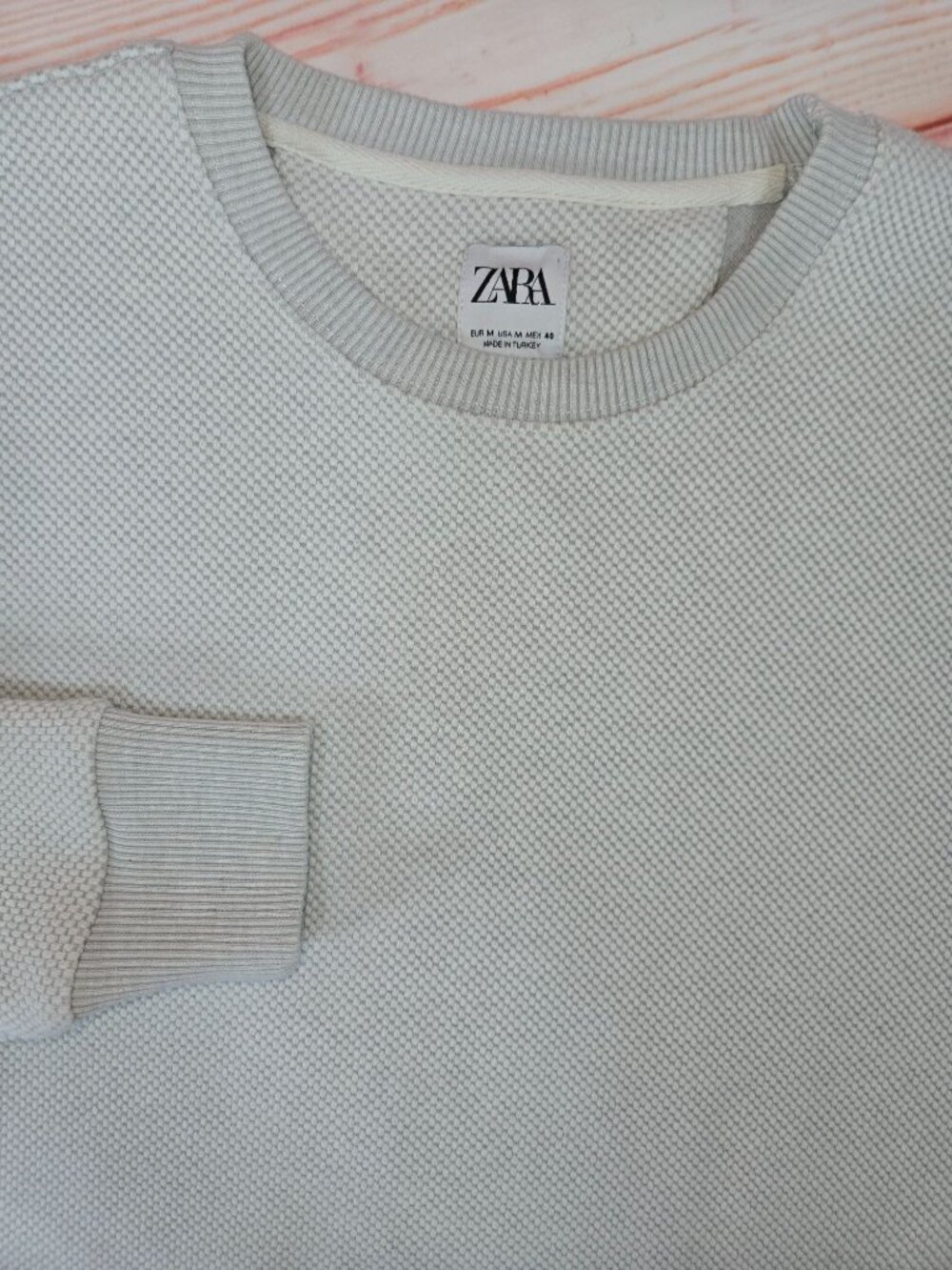 Zara Mens Ribbed Crewneck Knit Sweater Medium Light Beige Textured